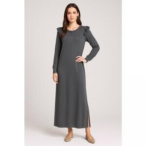 Z Supply Long Sleeve Dress M Gray Henley Ruffle Modest Minimalist Casual NWT